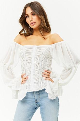 Forever21 Ruched Chiffon Off-the-shoulder Top