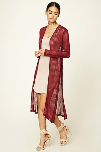 Forever21 Women's  Burgundy Open-knit Longline Cardigan