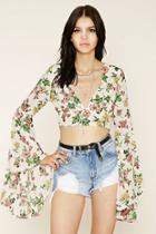 Forever21 Women's  Bell-sleeve Floral Crop Top