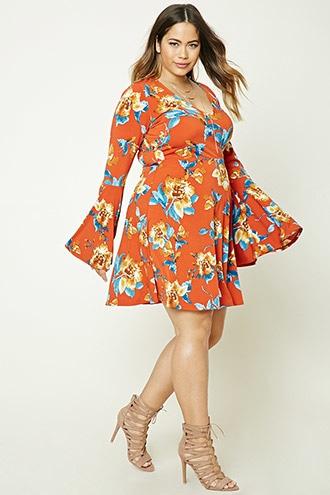 Forever21 Plus Women's Rust & Teal Plus Size Floral Trumpet Dress