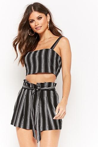 Forever21 Striped Crop Top & Paperbag Short Set