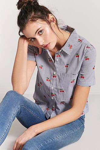 Forever21 Pinstripe & Cherry Button-front Shirt
