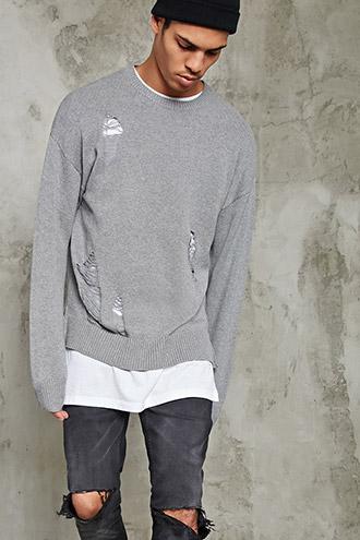 21 Men Men's  Distressed Crew Neck Sweater