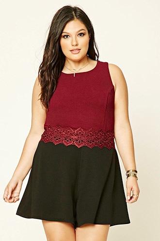 Forever21 Plus Women's  Wine & Black Plus Size Crochet Panel Romper