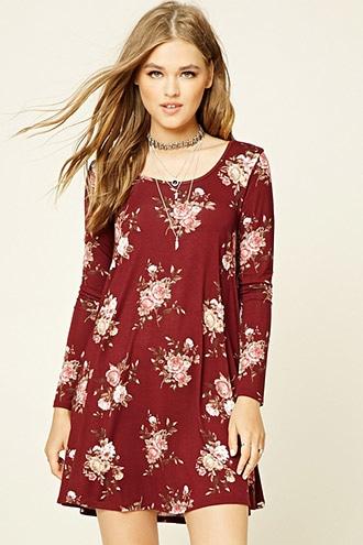 Forever21 Women's Wine & Taupe Floral Print Swing Dress