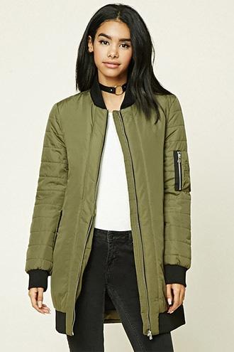 Forever21 Women's Olive Longline Ribbed Bomber Jacket