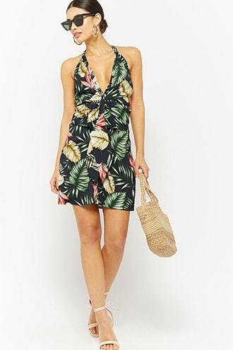 Forever21 Tropical Print Tie-front Halter Dress
