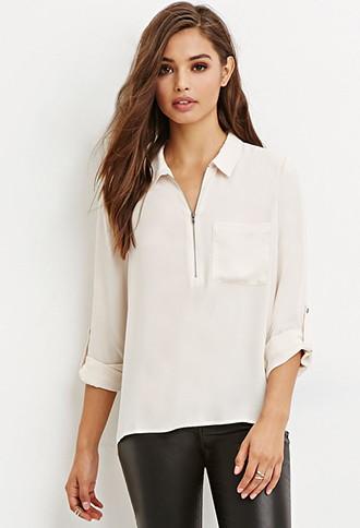 Forever21 Women's  Zip-front Pocket Shirt (cream)