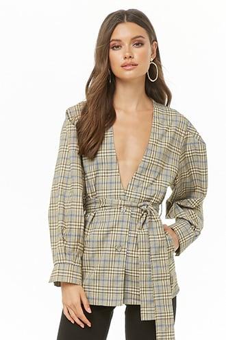 Forever21 Plaid Print Balloon-sleeve Blazer