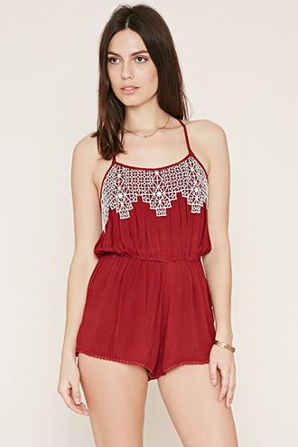 Forever21 Women's  Red & Cream Crochet-paneled Cami Romper