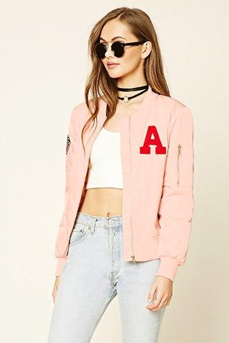 Forever21 Women's  Flag Patch Bomber Jacket
