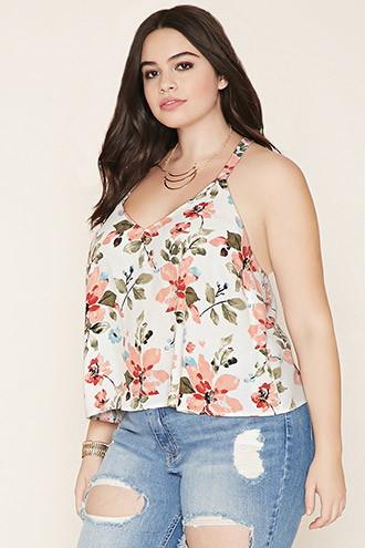 Forever21 Plus Women's  Cream & Peach Plus Size Floral Lace-up Top