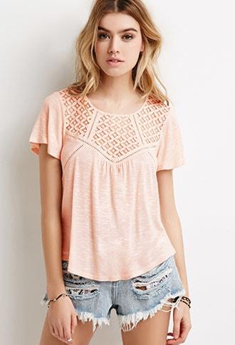 Forever21 Slub Knit Crochet Panel Top