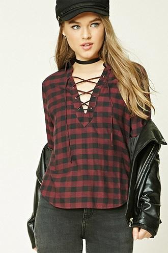 Forever21 Women's Buffalo Plaid Lace-up Shirt