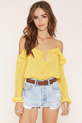 Forever21 Women's  Yellow Ruffled Open-shoulder Crop Top
