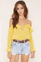 Forever21 Women's  Yellow Ruffled Open-shoulder Crop Top