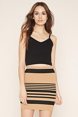 Love21 Women's  Camel & Black Contemporary Striped Skirt