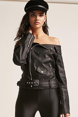 Forever21 Off-the-shoulder Faux Leather Moto Jacket
