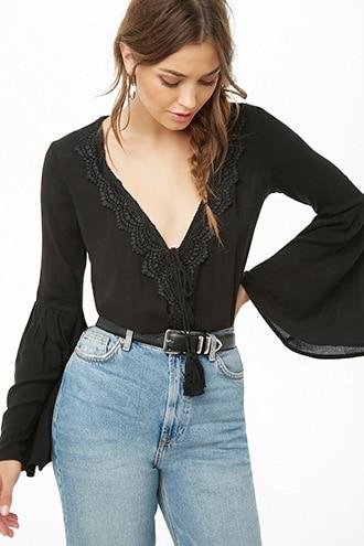 Forever21 Crinkled Crochet-trim Surplice Top