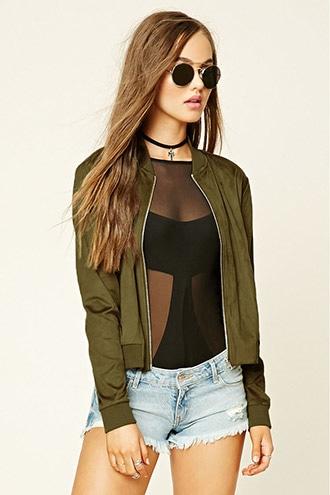Forever21 Women's  Olive Faux Suede Bomber Jacket