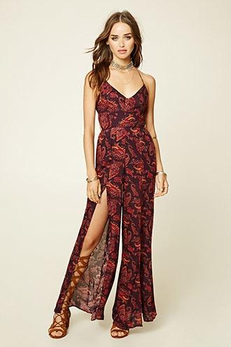 Forever21 Women's  Plum & Burgundy Paisley Print Jumpsuit