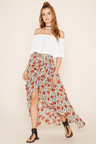 Forever21 Women's  Cream & Rust Floral Print Wrap Skirt