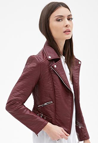 Forever21 Zippered Faux Leather Moto Jacket Burgundy Small
