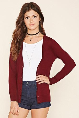 Forever21 Women's Burgundy Cotton-blend Cardigan