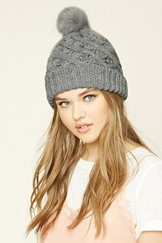 Forever21 Women's  Faux Gem Pom-pom Beanie