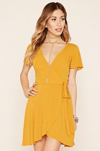 Forever21 Women's  Mustard Chiffon Self-tie Wrap Dress