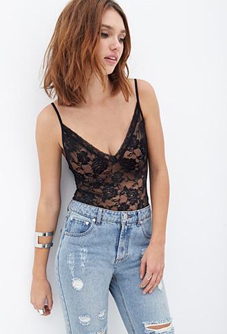 Forever21 Sheer Lace Bodysuit Black Medium