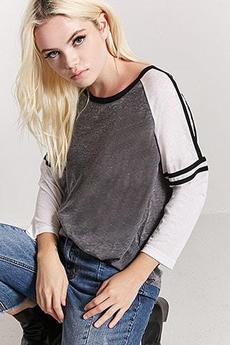 Forever21 Varsity-sleeve Burnout Knit Baseball Tee