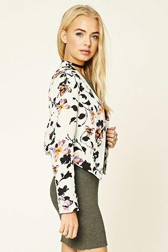 Forever21 Women's  Ivory Floral Print Padded Blazer