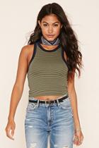 Forever21 Women's  Olive & Navy Striped Crop Top