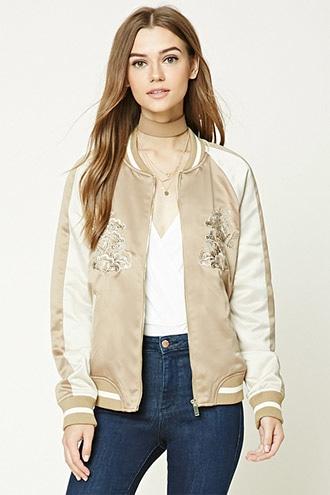 Forever21 Women's  Gold & Taupe Embroidered Satin Jacket