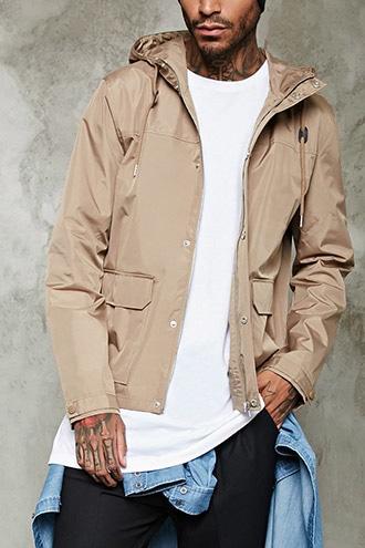 21 Men Men's  Taupe Zip-up Hooded Windbreaker