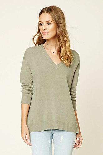 Forever21 Women's  Sage Boxy V-neck Sweater