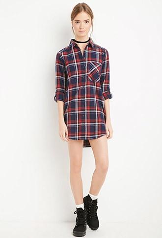 Forever21 Women's Plaid Flannel Shirt Dress (navy/red)