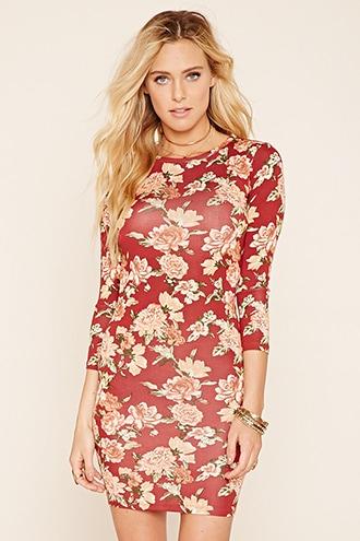 Forever21 Women's  Rust & Green Floral Print Bodycon Dress