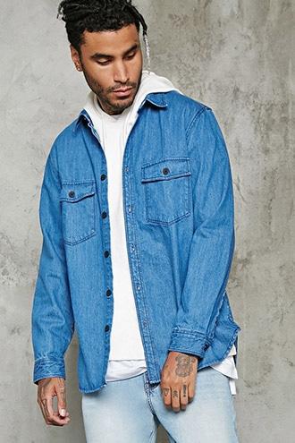 21 Men Men's  Denim Washed Buttoned Denim Jacket