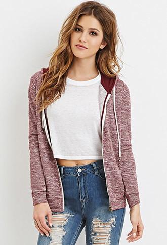 Forever21 Women's  Wine Heathered Zip Hoodie