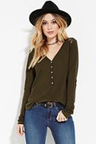 Forever21 Women's  Olive Lace-paneled Henley
