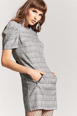Forever21 Glen Plaid Puff-sleeve Dress