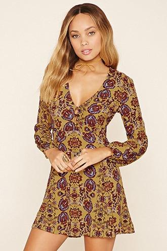 Forever21 Women's  Ornate Print V-neck Dress