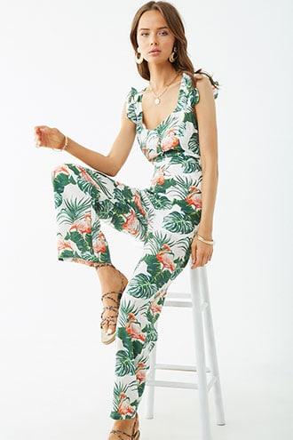Forever21 Tropical Print Cap-sleeve Jumpsuit
