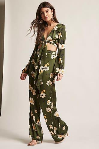 Forever21 Floral Satin Crop Top & Pants Set