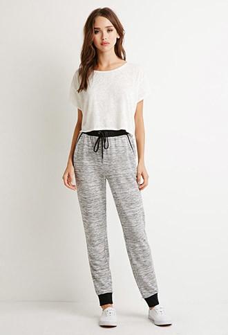 Forever21 Women's  Heathered Drawstring Joggers (heather Grey/black)