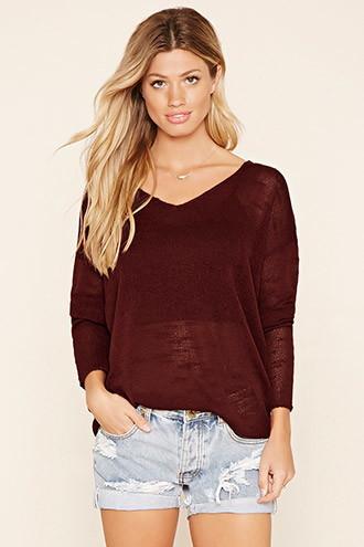 Forever21 Women's  Rust Slub Knit V-neck Sweater