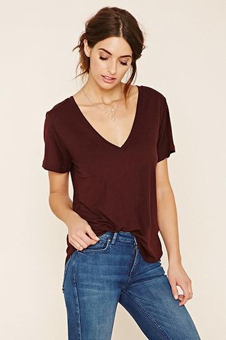 Love21 Women's  Aubergine Contemporary Slub Knit V-neck Tee