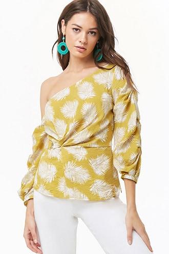 Forever21 One-shoulder Leaf Print Top